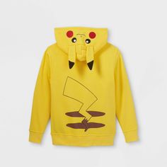 When catching 'em all is the mission, your kid will be ready in this Pokemon Pikachu Costume Hoodie Sweatshirt. Made from a soft fabric blend, this kids' hooded sweatshirt is designed with an attached hood and banded cuffs and hem to offer them a snug fit. Plus, the front full-length zipper makes it easy to layer over their tees or tanks. In a yellow hue, it features a small pokeball patch at the chest with Pikachu face print and ear accents over the hood to help them flaunt their fandom — from Fleece Hooded Sweatshirt With Character Print, Hooded Fleece Sweatshirt With Character Print, Playful Character Print Hoodie For Winter, Playful Winter Hoodie With Character Print, Playful Character Print Winter Hoodie, Playful Hooded Fleece Sweatshirt, Playful Hooded Fleece Top, Playful Fleece Hoodie Outerwear, Pikachu Halloween Costume