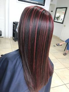 Black Hair With Red Highlights Black Women, Red Dye Highlights, Red Highlights On Straight Hair, Black And Red Skunk Hair, Red Highlights On Dark Hair Straight, Black Hair With Red Highlights Straight, Dark Red Highlights On Black Hair, Black Hair With Red Stripes, Dark Red Hair Streaks