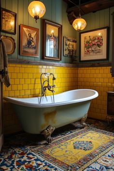 an old fashioned claw foot bathtub in the corner of a bathroom with pictures on the wall