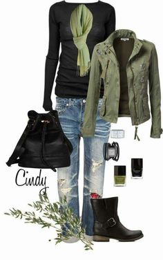 Fall Outfit Looks Jeans, Mode Casual, 가을 패션, Casual Fall Outfits, Fashion Mode, Polyvore Outfits, Green Jacket, Fall Winter Outfits, Casual Fall