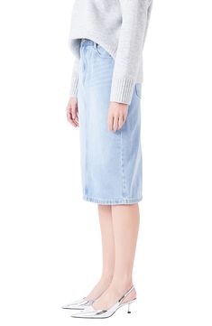 Switch it up on denim day with this powdery-blue, nonstretch midi skirt made with a fitted silhouette and classic five-pocket styling. Zip fly with button closure Five-pocket style Lined, with 100% cotton 100% cotton Machine wash, dry flat Imported Spring Medium Wash Knee-length Skirt, Denim Blue Knee-length Skirt, Spring Medium Wash Denim Pencil Skirt, Spring Denim Blue Pencil Skirt, Spring High-waist Medium Wash Pencil Skirt, Medium Wash Relaxed Knee-length Skirt, Light Wash Knee-length Bottoms For Spring, Spring Denim Blue Midi Length Denim Skirt, Knee-length Light Wash Bottoms For Spring