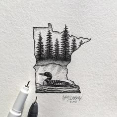 a pen drawing of a bird on top of a piece of paper with trees in the background