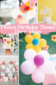 a collage of photos with flowers, balloons and birthday cake on it's table