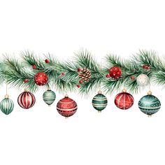 christmas ornaments hanging from a tree branch with pine cones and red berries on the top