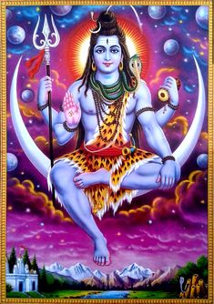 the hindu god sitting on top of a moon with his hands in one hand and holding a