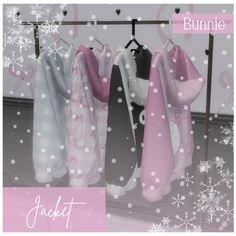 there is a pink and white snowflaked background with clothes hanging on racks