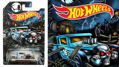 the hot wheels die - cast car is shown in front of an image of a skeleton