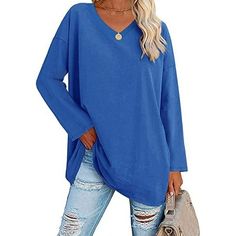 SHIBEVER Long Sleeve Tops for Women V Neck Oversized Tshirts Loose Casual Shirts. This women tops use skin-friendly and comfortable fabric allow you wear it all season. V Neck casual tops shirt is perfect for casual and formal days, women long sleeve tops uses oversized and vneck.When you put on long sleeve shirts for women, you will be more look thinner and eye-catching. Color Map Our women trendy plain color long sleeve t-shirts come in three beautiful colors: green v neck top for women and ca Shirt Outfit Casual, Blue Shirt Outfit, Drop Shoulder Tee, Classic Sweater, Estilo Chic, Aaliyah, Sapphire Blue, Style Chic, Outfit Casual