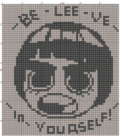 a cross stitch pattern with a dog's face in the center and words below it