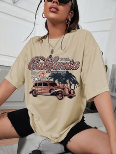 Apricot Casual Collar Half Sleeve Polyester Car,Letter  Embellished Slight Stretch Summer Women Tops, Blouses & Tee Big Tshirt Outfit, Oversized Tee Outfit, Car Letter, Oversize Tshirt Outfits, Baggy Shirts, Tee Shirt Outfit, Outfit Oversize, Baggy Tops, Baggy T-shirt