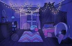 a cartoon bedroom with purple walls and wooden flooring, lights strung from the ceiling