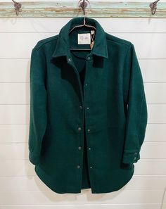 Shirt + Jacket + Shacket and this one is sooo good. Made from recycled fibers - it's cozy and perfect to layer in chilly weather. Green Shacket, Fall Winter Wardrobe, Chilly Weather, Get Directions, Hunter Green, Winter Wardrobe, Shirt Jacket, Denim Button Up, Dark Green