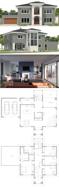 the floor plan for a modern house with lots of windows and an open living area