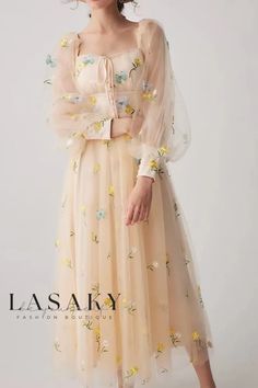 Lasaky - Exquisite Womens A-Line Lace Dress featuring Intricate Embroidered Tulle and Elegant Butterfly Appliques Long Sleeve Floral Embroidered Tulle Dress, Long Sleeve Tulle Dress With Floral Embroidery, Cream Dress For Spring Banquet, Spring Wedding Embroidered Floor-length Dress, Spring Banquet Dress With Floral Embroidery, Long Sleeve Embroidered Floral Dress For Wedding, Spring Cream Tulle Dress, Long Sleeve Floral Embroidered Wedding Dress, Beige Long Sleeve Dress With Floral Embroidery