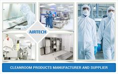 several pictures of people wearing masks and gowns in an assembly line with the words cleanroom products manufacturing and supplies