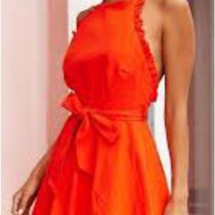 Favlux Fashion Large Orange Backless Halter Dress With Tie On Belt This Would Also Look Cute Layered In The Cooler Weather Raw Layered Hem New Never Worn But Has A Small Spot At The Tie On The Neck. I Believe He I Did That In Transporting This Beauty. Will Likely Come Out But Not Very Noticeable If It Doesn’t. Tangerine Dress, Pink Knit Dress, Short Dress Styles, Dress Sleeve Length, Casual Tanks, Backless Design, Maxi Robes, Halter Mini Dress, Cute Style