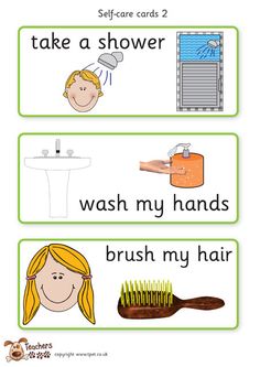 two cards with words describing how to wash hands and brush my hair