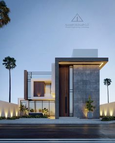 an architectural rendering of a modern house at dusk with palm trees and lights on the side