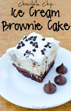 chocolate chip ice cream brownie cake on a white plate