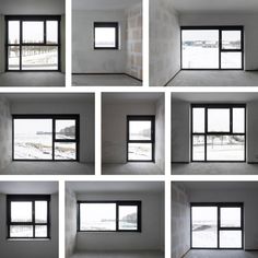 multiple shots of windows in an empty room with snow on the ground and bare walls