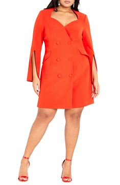 Vented sleeves frame this stem-showing dress designed in a polished double-breasted silhouette. 36" length Sweetheart neck Long sleeves Partially lined 95% polyester, 5% elastane Spot clean Imported Chic Plus Size, Sweetheart Neck, Free Fabric, City Chic, Sleeve Detail, Double Breasted, Plus Size Outfits, Designer Dresses, Length Sleeve