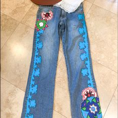 Be A Show Stopperin These Fabulously Adorned Embroidered Detailed Jeans. Not One Detail Overlooked On The Stitching Of These One Of A Kind Beauties! The 33” Inseam Is The Perfect Length To Add Heals For A Night Out Or Boots Tucked Under For A More Casual Look! One Pair Available! Let Your Personality Shine Through Your Denim In These Beauties! Zip Fly Button Closure. Nwot Fitted Blue Jeans With Floral Embroidery, Jeweled Jeans, Embroidered Jeans, Colored Jeans, Jeans And Boots, Dyed Hair, Basil, Casual Looks, Night Out