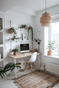 a home office with plants on the shelves and a desk in front of a window