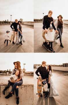 four pictures of people with skateboards and one is kissing the other's cheek