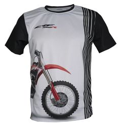 a white shirt with a red dirt bike on the front and black stripes around it