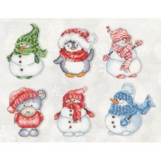 cross stitch snowmen with hats and scarves are shown in different colors on a white background