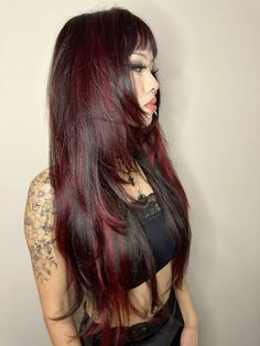 Black To Red Brown Hair, Face Frame Highlights Red Hair, Bangs With Red Highlights, Red And Black Layered Hair, Black With Dark Red Highlights, Natural Red Hair With Black Highlights, Dark Red Hair With Black Highlights, Black Red Highlights Hair, Dark Red Hair With Red Highlights