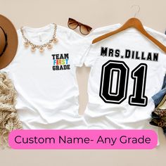 a white shirt that says, custom name - any grade with the number 01 on it