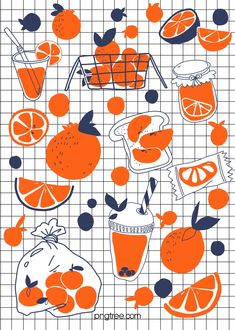 an orange and blue pattern on a white background with various fruits, vegetables and drinks