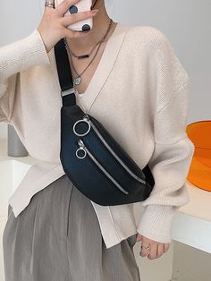 Minimalist Zipper Fanny Pack Black Funky   PU Leather Plain Bum Bag   Women Bags, size features are:Bust: ,Length: ,Sleeve Length: Across Body Bag Outfit, Waist Bags For Women Outfit, Waist Bag Outfit, Waist Bag Women, Fanny Pack Women, Makeup Storage Bag, Girls Snow Boots, Kids Snow Boots, Bag Outfit