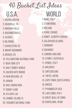 the top ten buckets for travel around the world in pink and white with text overlay