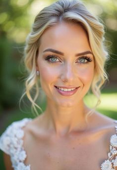 a beautiful blonde woman with blue eyes and blond hair wearing a white dress smiling at the camera