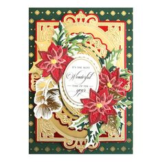 a christmas card with poinsettis and holly