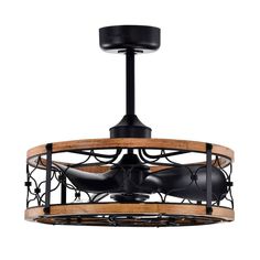 a black and wood ceiling light fixture with an iron cage design on the bottom half