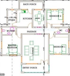 the floor plan for a three bedroom house with two bathrooms and one living room on each side