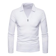 Turndown V Neck Long Sleeves Tee - White - 3D91381916 - Men's Clothing, Men's Tops & T-Shirts, Men's Polo Shirts  #MensPoloShirts #Men's #Clothing # #Men's #Tops #& #TShirts # #Men's #Polo #Shirts White Slim Fit Collared Top, Fitted Polo Shirt For Fall, White Fitted V-neck Polo Shirt, Casual Slim Fit Polo Collar Tops, Casual Slim Fit Tops With Polo Collar, White Fitted Long-sleeve Polo Shirt, Fitted Long Sleeve White Polo Shirt, White Collared Top For Winter, White Collared Winter Tops