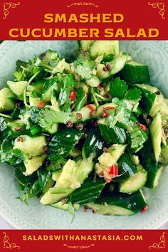 a salad with cucumber and red pepper on it in a white bowl that says, smashed cucumber salad