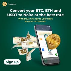 a phone with money coming out of it and the text convert your btc, eth and ust to naria at the best rate