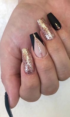 Nail the Look: Dive Deep into Nail Care, Design, and Expression – Your Ultimate Nail Inspiration Hub Black White And Gold Glitter Nails, Elegant Nails Gold And Black, Ombre Black And Gold Nails, Black Golden Nail Design, Black N Gold Nails Design, Trendy Nails Black And Gold, Great Gatsby Nails Designs Black Gold, Gold Bronze Nails, Maroon Black And Gold Nails