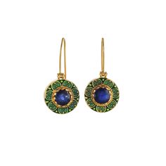 Blue Sapphire 14K Gold Vermeil Over Sterling Silver Enameled Earring 925 Silver = 5.25 gm. Blue Sapphire = 1.60 ct. Blue Sapphire is the birthstone for September and is a symbol of heaven. The beautiful earring measures to be 1.10 inches long including the wire and 0.60 inches wide at its maximum points. The earrings have been made by a team of highly trained and skilled artisans. What is Vermeil 14K Gold? It is a thick layer of 14K Gold plating on 925 Sterling Silver. If for any reason you are Enamel Yellow Gold Jewelry With Cabochon, Classic Green Enamel Jewelry, Yellow Gold Round Enamel Earrings, Enamel Drop Earrings For Anniversary, Fine Jewelry Yellow Gold Enamel Earrings, Classic Blue Enamel Jewelry, Formal Round Enamel Earrings, Blue May Birthstone Jewelry For Formal Occasions, Hallmarked Enamel Fine Jewelry