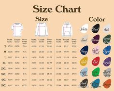 the size chart for men's shirts and women's tops in different colors