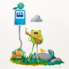 a painting of a frog playing guitar next to a street sign with a bird on it