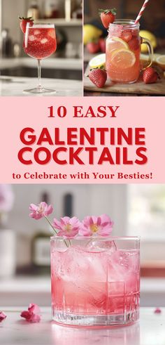 Refreshing pink Galentine's Day cocktails served in elegant glasses and mason jars, garnished with fresh strawberries, lemon slices, and delicate pink flowers. Perfect for celebrating with friends, these fruity, vibrant, and fun drinks are ideal for parties, girls' nights, and easy cocktail recipes. Galentines Cocktails, Simple Cocktails, Hosting A Brunch, Day Cocktails, Coctails Recipes, Bourbon Drinks, Brunch Drinks, Best Cocktails, Drinks At Home