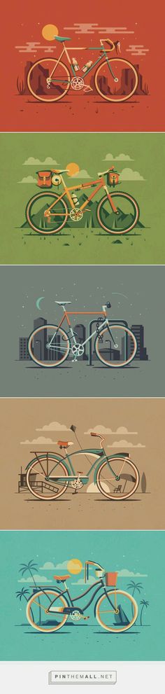 four different types of bicycles are shown in this graphic art work, each with an individual's bicycle on the front wheel