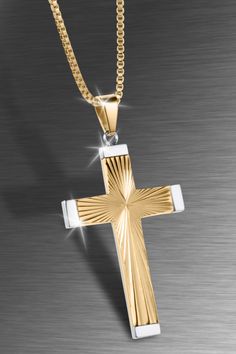 Using only the best premium grade stainless steel, we have fused rich golden yellow gold in the center of this impressive cross. A striking diamond cut pattern is the main focal point and gives a glowing aura effect. A classic design with a sophisticated feel. Glowing Aura, Golden Yellow, Diamond Cut, Cross Pendant, Focal Point, Classic Design, Diamond Cuts, Aura