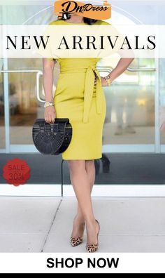 Solid Belted Short Sleeve Dress Spring Pencil Skirt Dress For Date Night, Spring Date Night Pencil Dress, Chic Yellow Solid Color Midi Dress, Chic Yellow Midi Dress Solid Color, Spring Sheath Midi Dress Solid Color, Spring Sheath Midi Dress In Solid Color, Casual Pencil Skirt Dresses For Spring, Spring Office Sheath Midi Dress, Chic Summer Midi Dress With Pencil Skirt